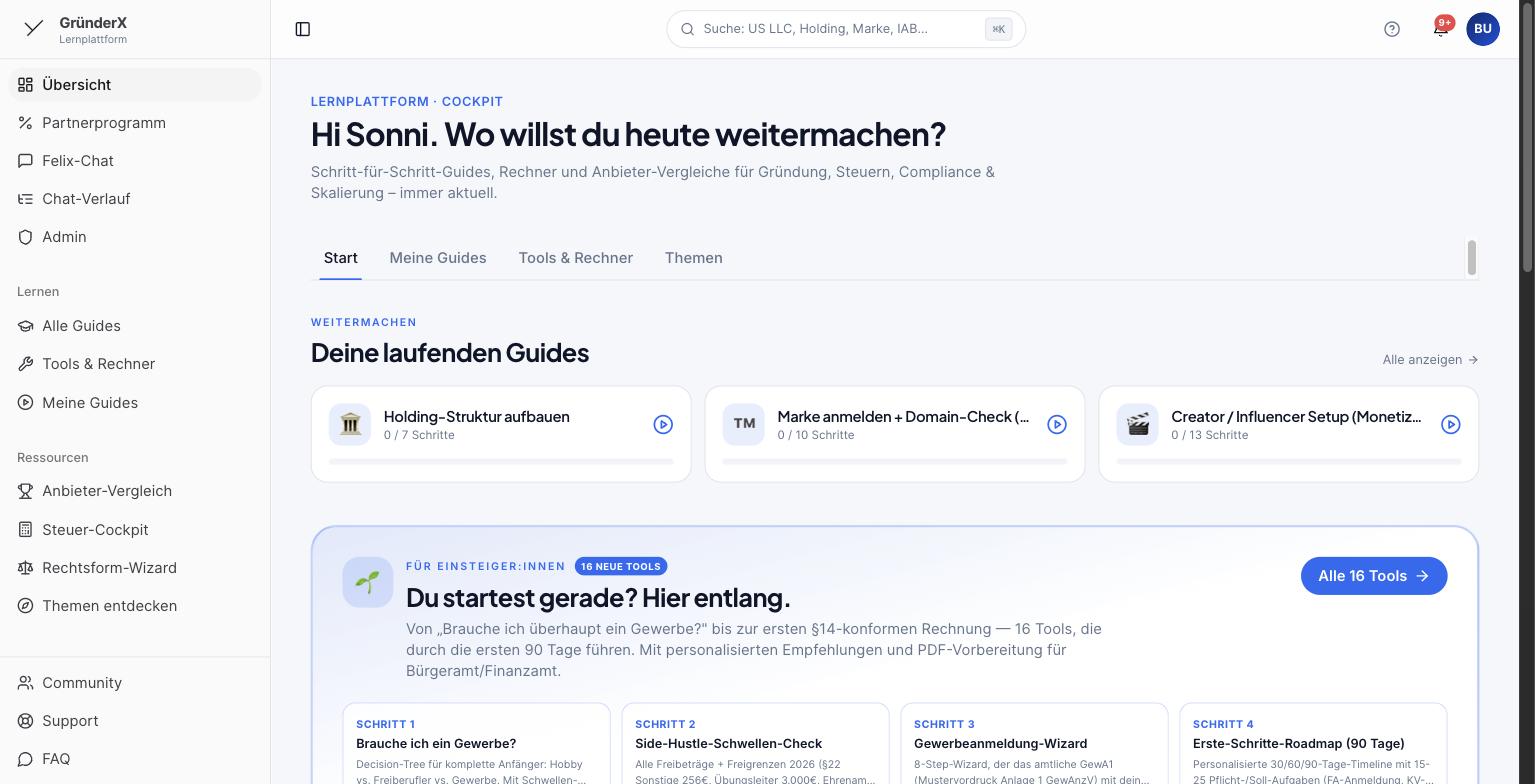 GründerX-Cockpit mit laufenden Guides